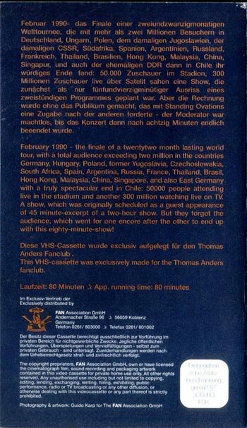 Thomas Anders - Live In Chile (VHS, 1994) - Back Cover